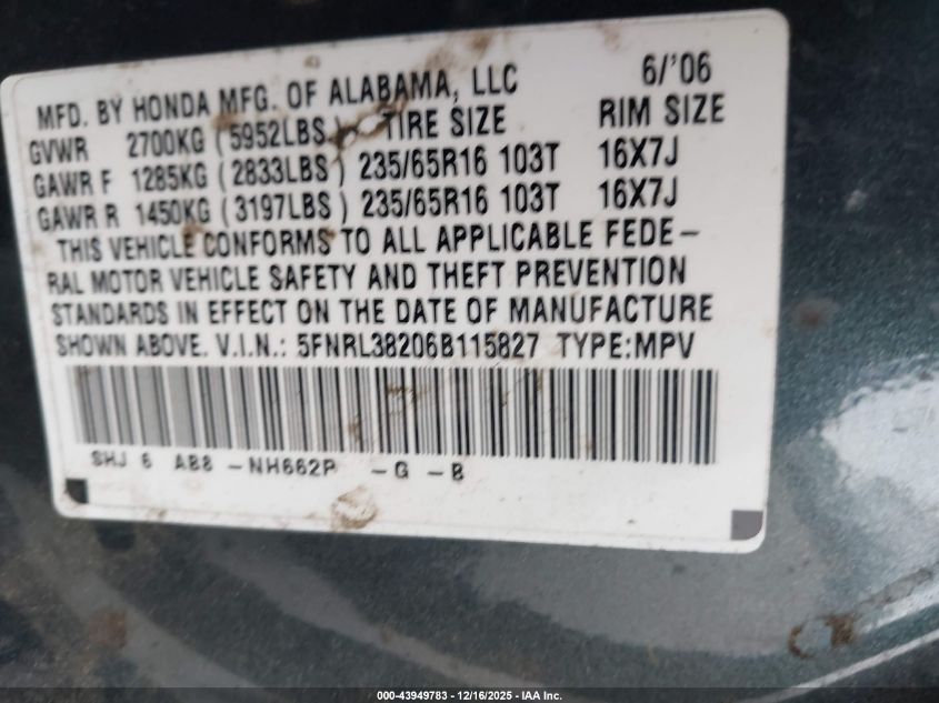 2006 Honda Odyssey Lx VIN: 5FNRL38206B115827 Lot: 43949783