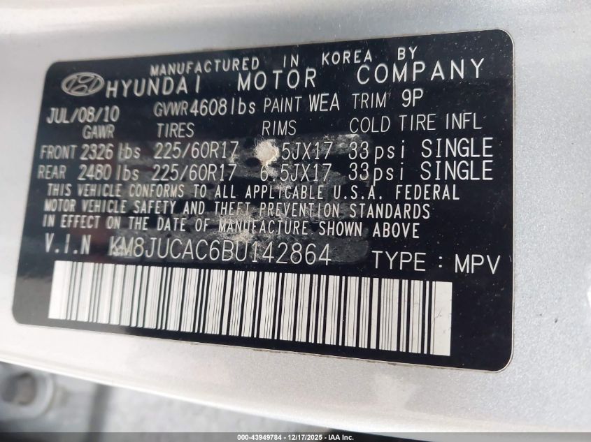 2011 Hyundai Tucson Gls VIN: KM8JUCAC6BU142864 Lot: 43949784