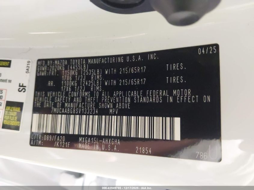 2025 Toyota Corolla Cross Le VIN: 7MUCAABG8SV133234 Lot: 43949785