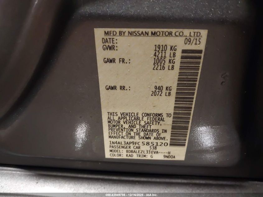 2015 Nissan Altima 2.5 S VIN: 1N4AL3AP9FC585120 Lot: 43949786