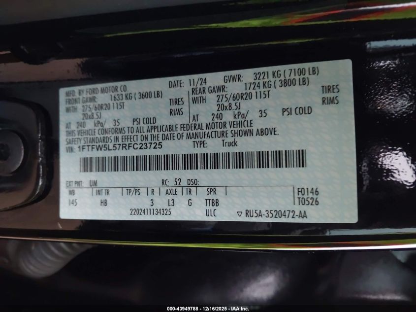 2024 Ford F-150 Lariat VIN: 1FTFW5L57RFC23725 Lot: 43949788