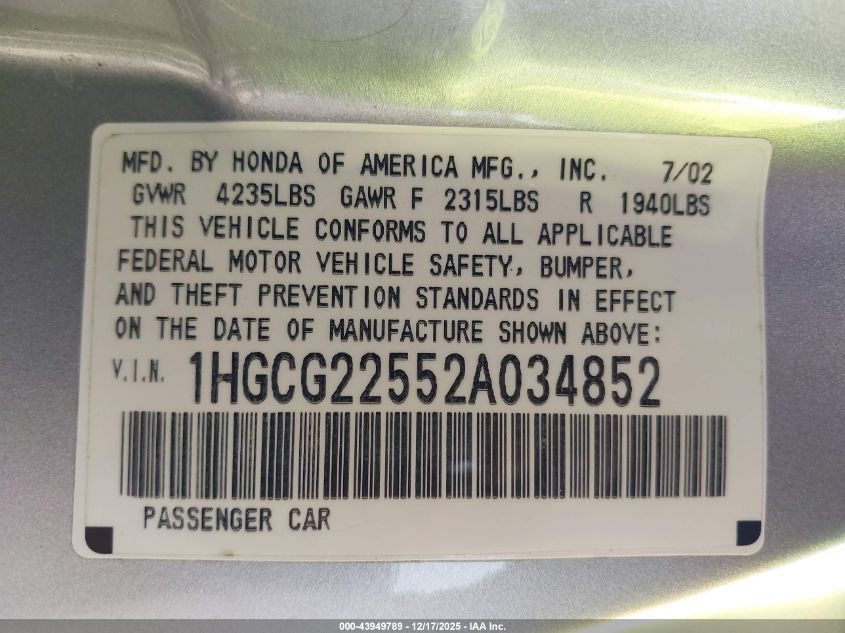 2002 Honda Accord 3.0 Ex VIN: 1HGCG22552A034852 Lot: 43949789