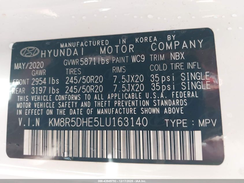 2020 Hyundai Palisade Limited VIN: KM8R5DHE5LU163140 Lot: 43949793