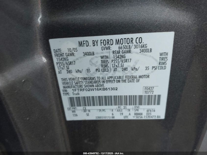 2006 Ford F-150 Stx/Xlt VIN: 1FTRF02W16KB61302 Lot: 43949792