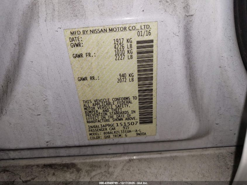 2016 Nissan Altima 2.5 Sl VIN: 1N4AL3AP9GC151507 Lot: 43949799