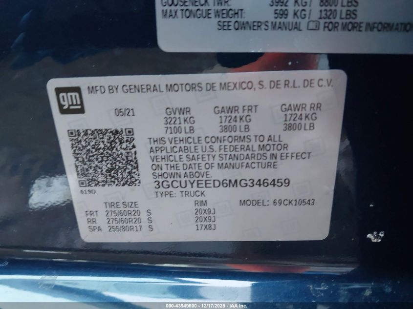 2021 Chevrolet Silverado 1500 4Wd Short Bed Rst VIN: 3GCUYEED6MG346459 Lot: 43949800