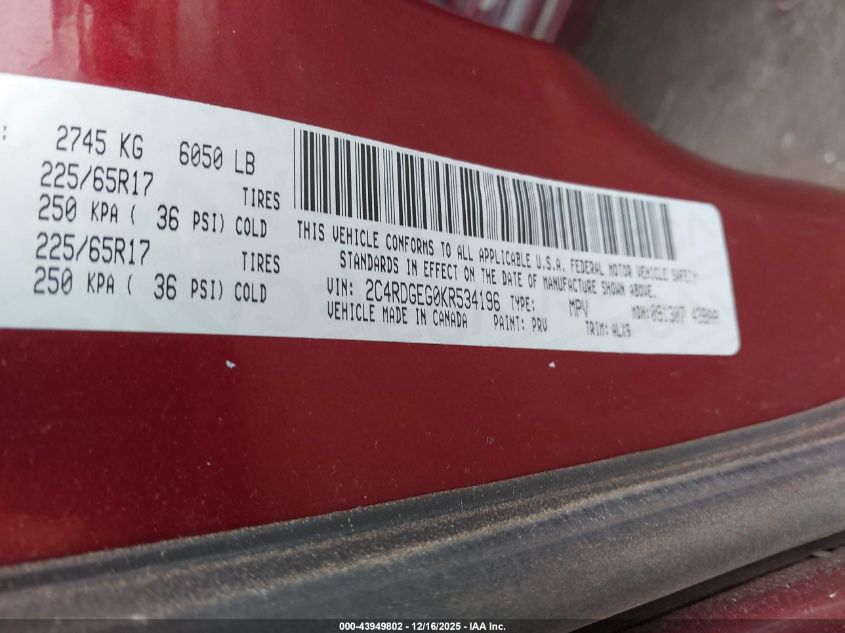 2019 Dodge Grand Caravan Gt VIN: 2C4RDGEG0KR534196 Lot: 43949802