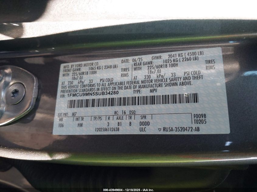 2025 Ford Escape St-Line VIN: 1FMCU9MN5SUB34280 Lot: 43949804