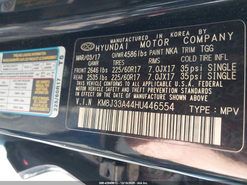 2017 Hyundai Tucson Se VIN: KM8J33A44HU446554 Lot: 43949812