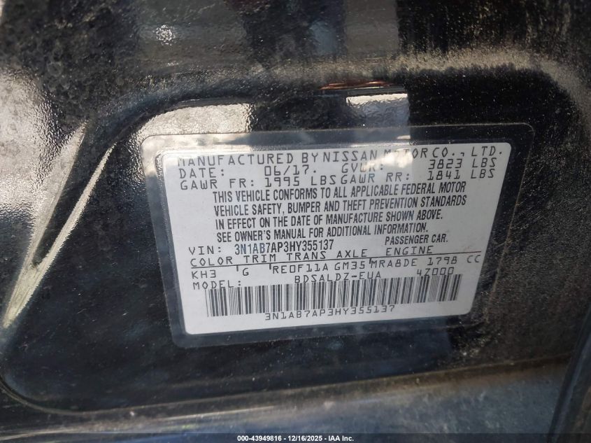 2017 Nissan Sentra Sv VIN: 3N1AB7AP3HY355137 Lot: 43949816