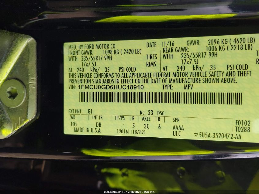 2017 Ford Escape Se VIN: 1FMCU0GD6HUC18910 Lot: 43949818