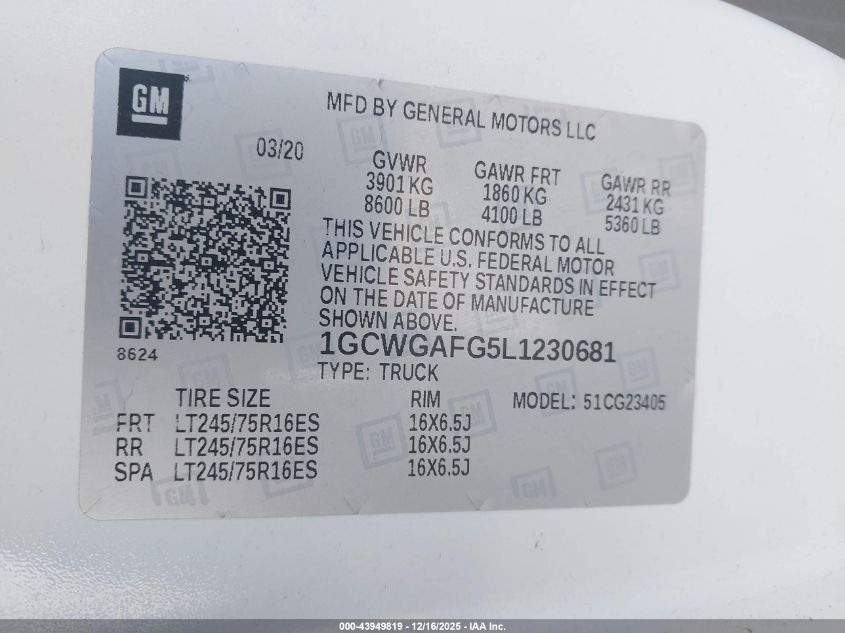 2020 Chevrolet Express Cargo Rwd 2500 Regular Wheelbase Wt VIN: 1GCWGAFG5L1230681 Lot: 43949819
