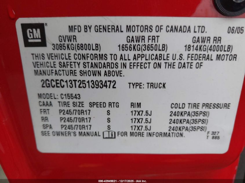 2005 Chevrolet Silverado 1500 Ls VIN: 2GCEC13T251393472 Lot: 43949821