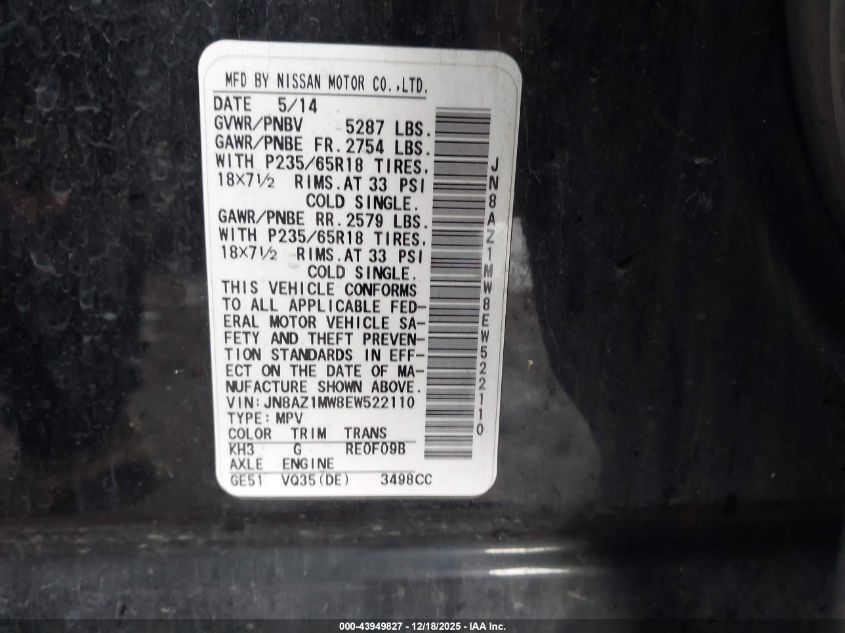 2014 Nissan Murano Sl VIN: JN8AZ1MW8EW522110 Lot: 43949827