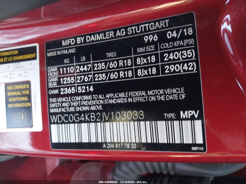 2018 Mercedes-Benz Glc 300 4Matic VIN: WDC0G4KB2JV103033 Lot: 43949828