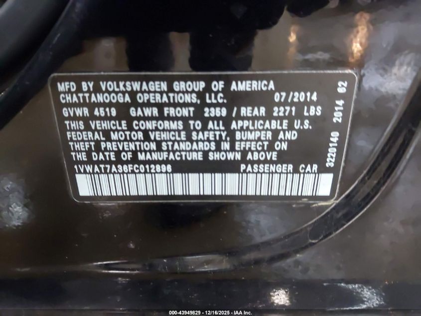 2015 Volkswagen Passat 1.8T S VIN: 1VWAT7A36FC012896 Lot: 43949829