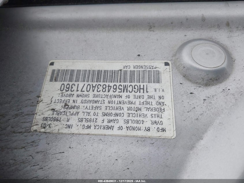 2003 Honda Accord 2.4 Lx VIN: 1HGCM56483A071360 Lot: 43949831