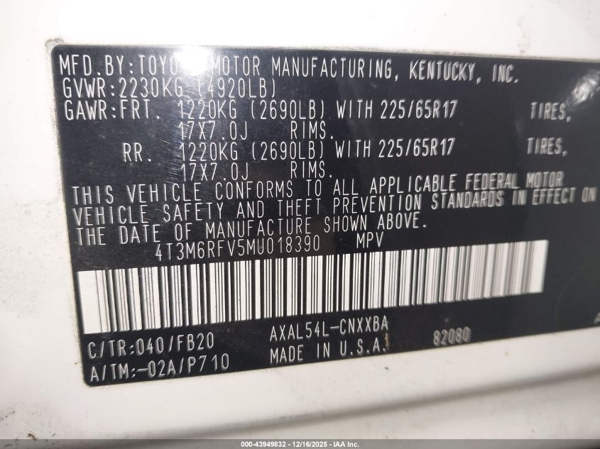 2021 Toyota Rav4 Hybrid Le VIN: 4T3M6RFV5MU018390 Lot: 43949832