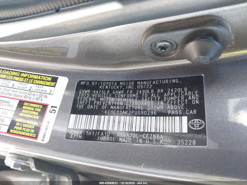 2023 Toyota Camry Le VIN: 4T1C11AK2PU090296 Lot: 43949833