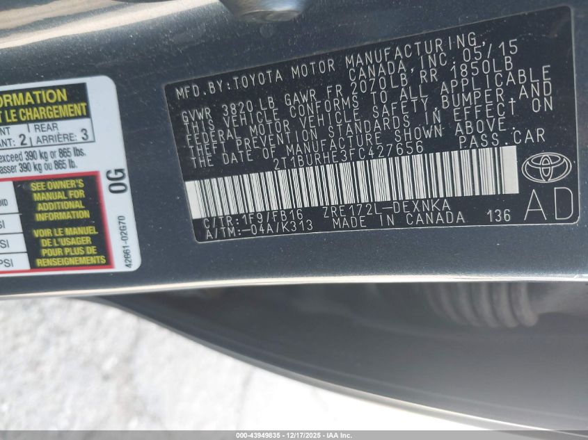 2015 Toyota Corolla Le VIN: 2T1BURHE3FC427656 Lot: 43949835