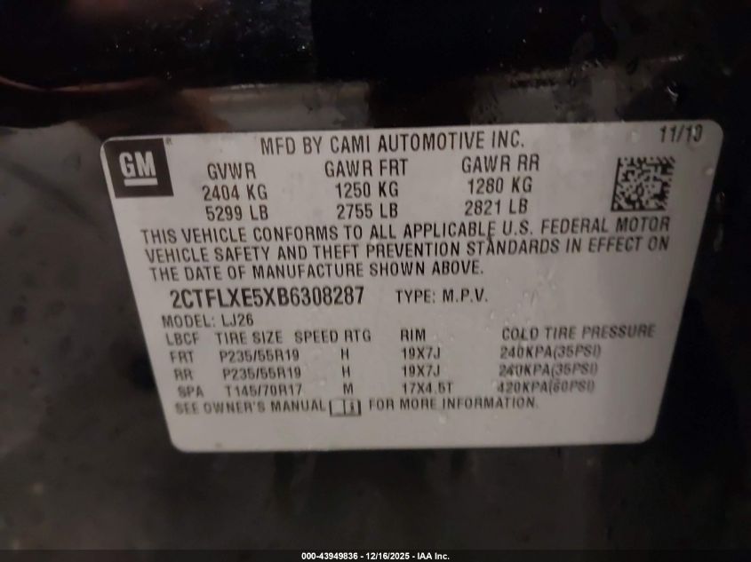 2011 GMC Terrain Slt-2 VIN: 2CTFLXE5XB6308287 Lot: 43949836