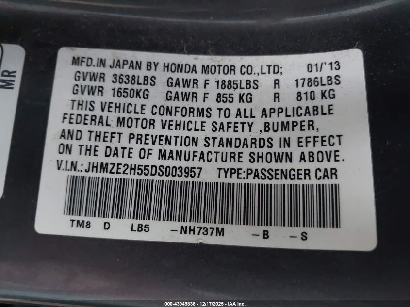 2013 Honda Insight Lx VIN: JHMZE2H55DS003957 Lot: 43949838