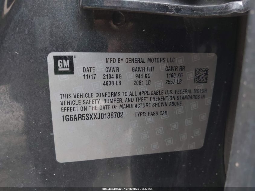 2018 Cadillac Cts Luxury VIN: 1G6AR5SXXJ0138702 Lot: 43949842