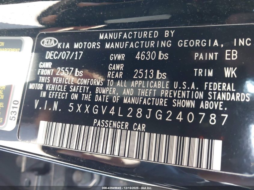 2018 Kia Optima Sx Turbo VIN: 5XXGV4L28JG240787 Lot: 43949845