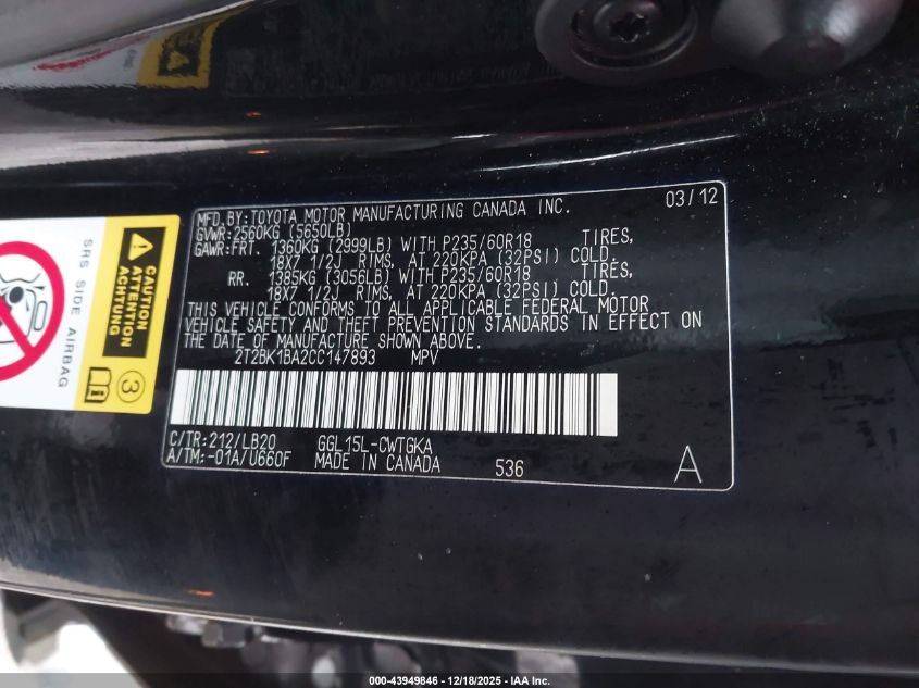 2012 Lexus Rx 350 VIN: 2T2BK1BA2CC147893 Lot: 43949846