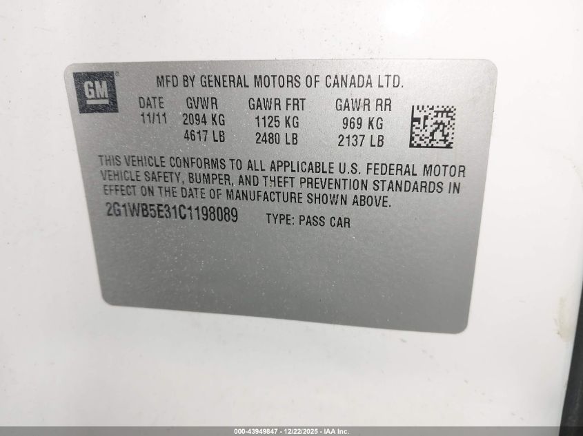 2012 Chevrolet Impala Lt VIN: 2G1WB5E31C1198089 Lot: 43949847