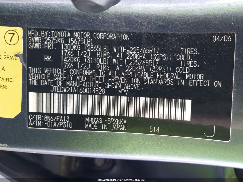 2006 Toyota Highlander Hybrid V6 VIN: JTEDW21A160014528 Lot: 43949849