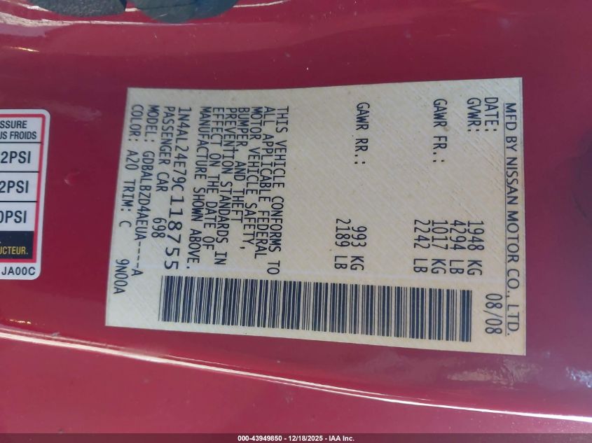 2009 Nissan Altima 2.5 S VIN: 1N4AL24E79C118755 Lot: 43949850