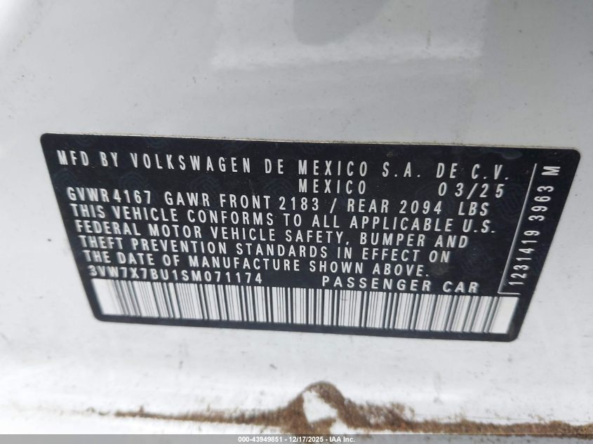2025 Volkswagen Jetta 1.5T Se VIN: 3VW7X7BU1SM071174 Lot: 43949851