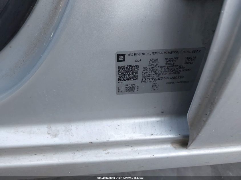 2019 Chevrolet Silverado 1500 Lt VIN: 3GCPWCED5KG280734 Lot: 43949853