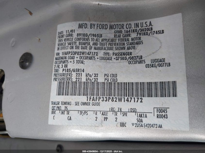 2002 Ford Focus Lx VIN: 1FAFP33P82W147172 Lot: 43949854