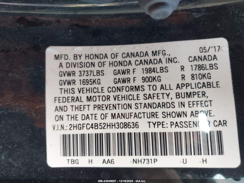 2017 Honda Civic Lx VIN: 2HGFC4B52HH308636 Lot: 43949857