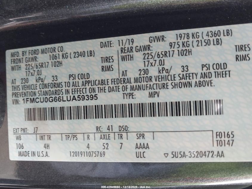 2020 Ford Escape Se VIN: 1FMCU0G66LUA59395 Lot: 43949860