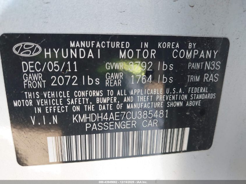 2012 Hyundai Elantra Gls (Ulsan Plant) VIN: KMHDH4AE7CU385481 Lot: 43949862