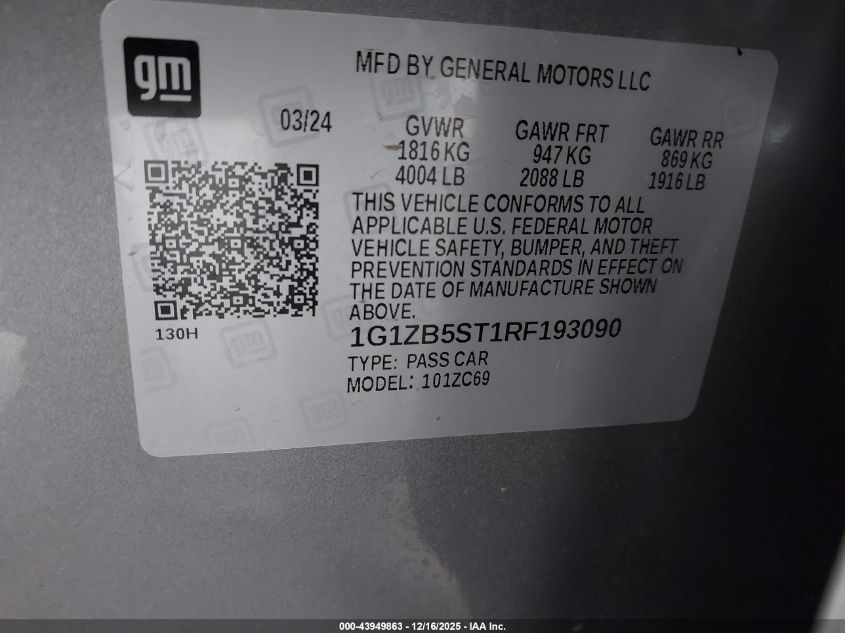 2024 Chevrolet Malibu Fwd Ls VIN: 1G1ZB5ST1RF193090 Lot: 43949863