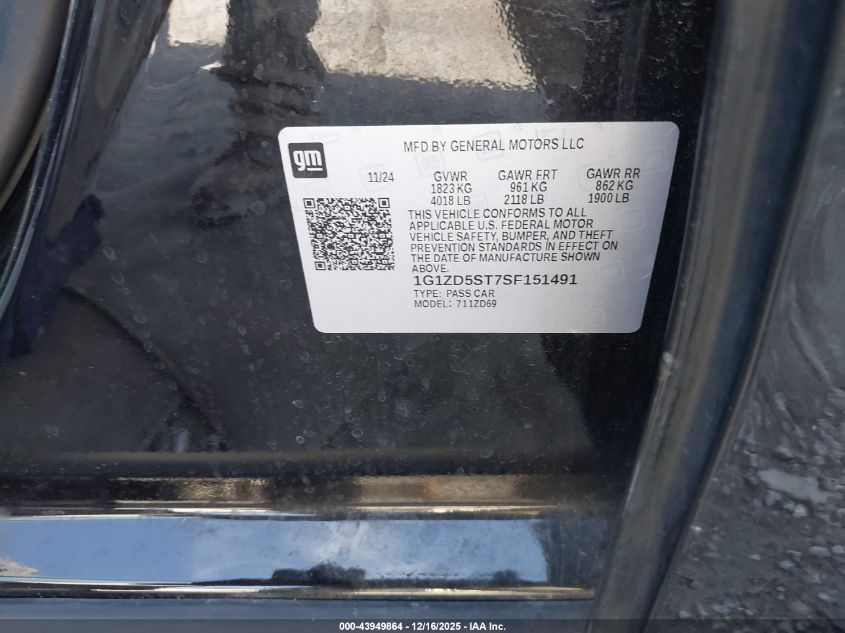 2025 Chevrolet Malibu Fwd 1Lt VIN: 1G1ZD5ST7SF151491 Lot: 43949864