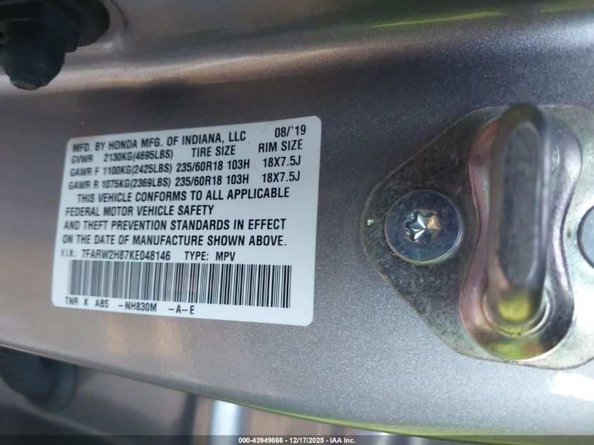 2019 Honda Cr-V Ex-L VIN: 7FARW2H87KE048146 Lot: 43949866
