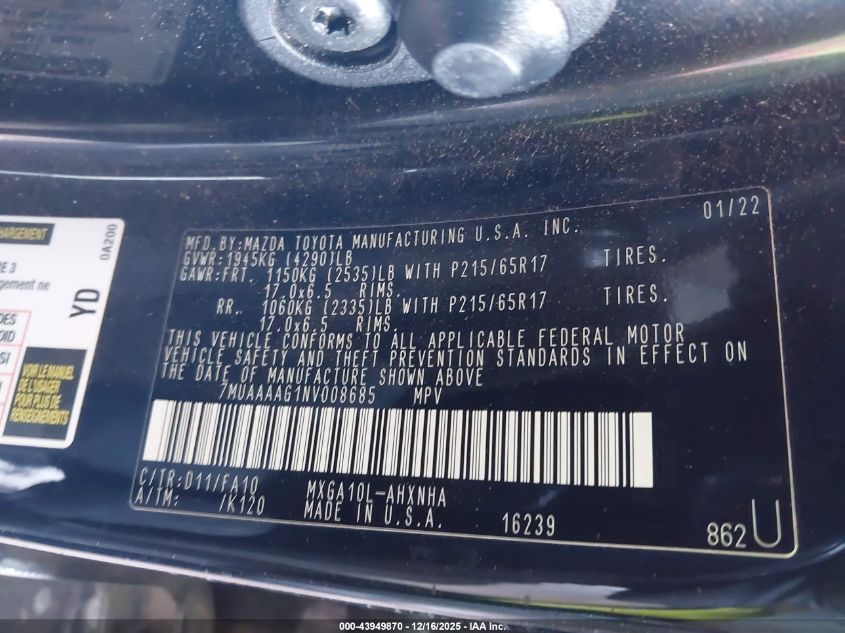 2022 Toyota Corolla Cross L VIN: 7MUAAAAG1NV008685 Lot: 43949870