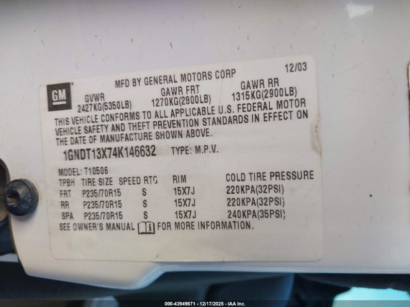 2004 Chevrolet Blazer Ls VIN: 1GNDT13X74K146632 Lot: 43949871