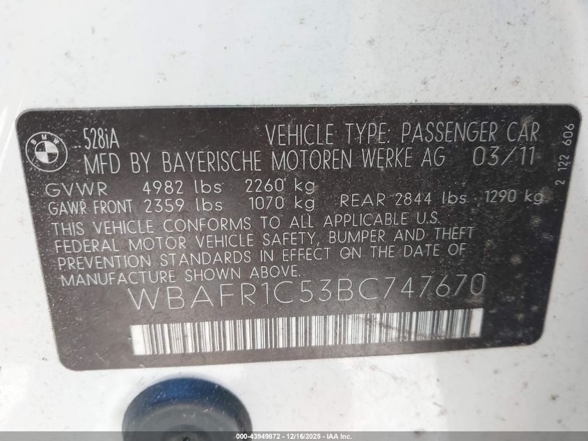 2011 BMW 528I VIN: WBAFR1C53BC747670 Lot: 43949872