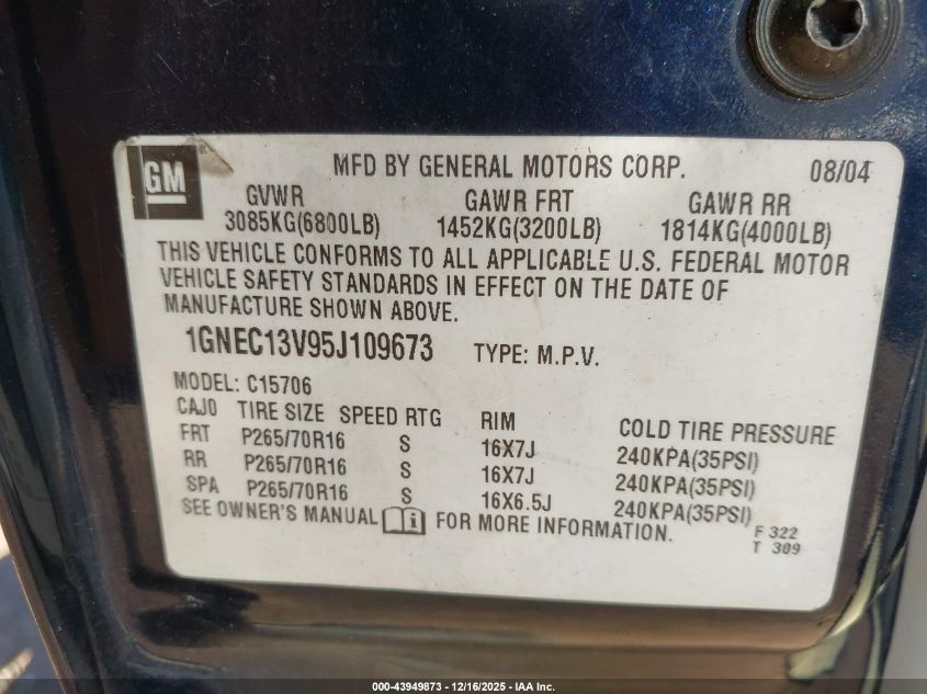2005 Chevrolet Tahoe Ls VIN: 1GNEC13V95J109673 Lot: 43949873