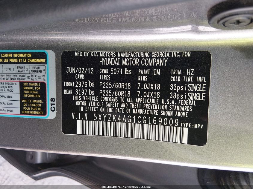 2012 Hyundai Santa Fe Limited V6 VIN: 5XYZK4AG1CG169009 Lot: 43949874