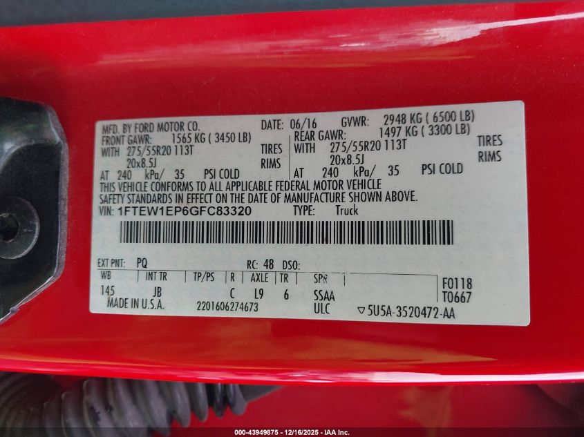 2016 Ford F-150 Xlt VIN: 1FTEW1EP6GFC83320 Lot: 43949875