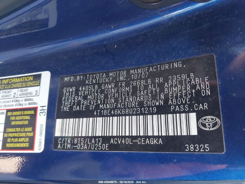 2008 Toyota Camry Xle VIN: 4T1BE46K68U231219 Lot: 43949878