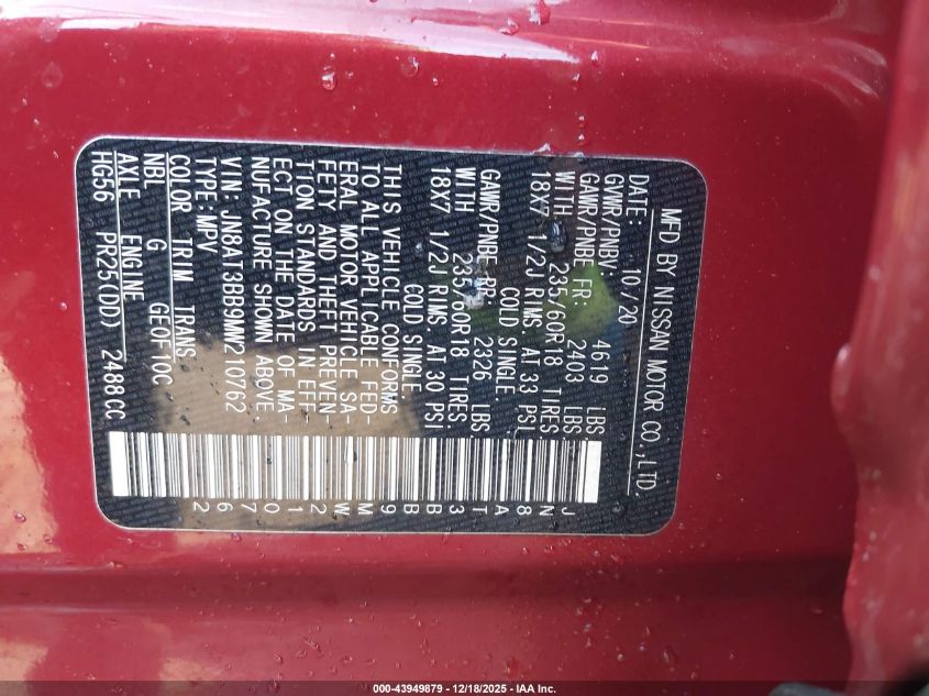 2021 Nissan Rogue Sv Intelligent Awd VIN: JN8AT3BB9MW210762 Lot: 43949879