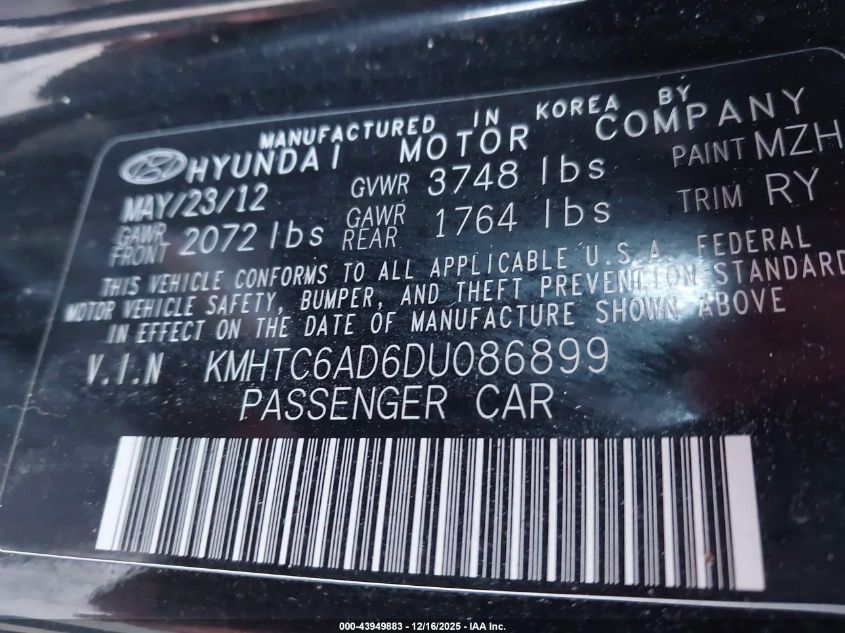 2013 Hyundai Veloster Base W/Gray VIN: KMHTC6AD6DU086899 Lot: 43949883